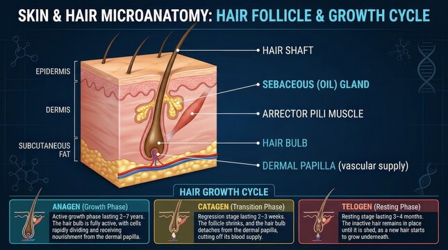 Human Hair Follicle Anatomy and Growth Cycle Diagram.