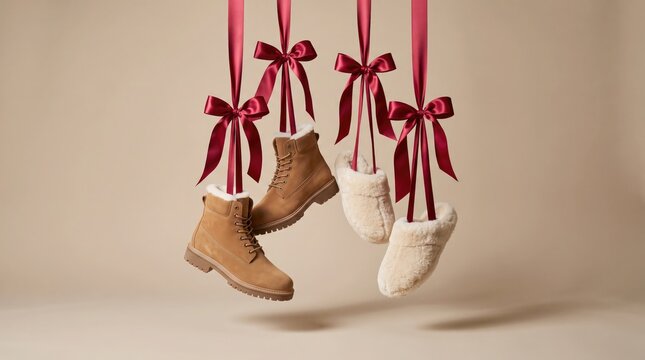 Two pairs of winter boots hanging by red ribbons against plain wall with stylish fur-lined footwear suspended with festive bows holiday decoration clothing seasonal celebration