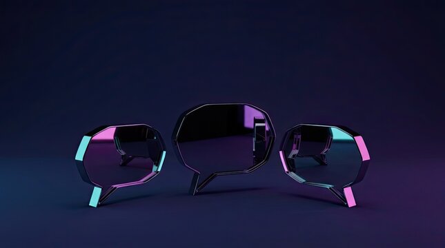 Abstract composition of three dark glossy spheres with glowing neon light accents on a dark background