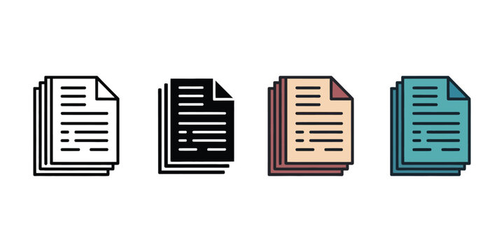 Set of four document or file icons in different visual styles for office and digital interface design