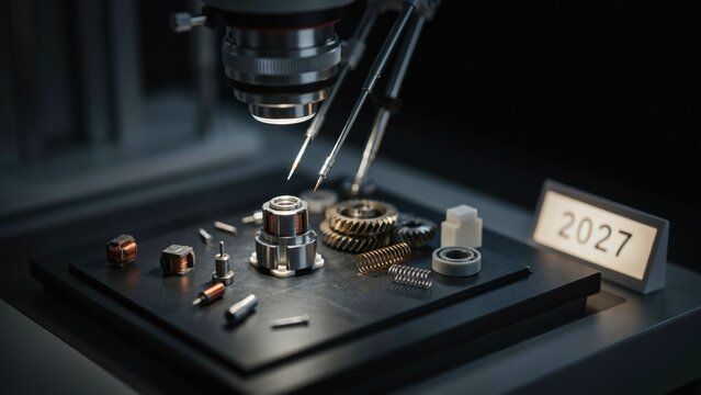 Precision mechanical parts inspected under a microscope