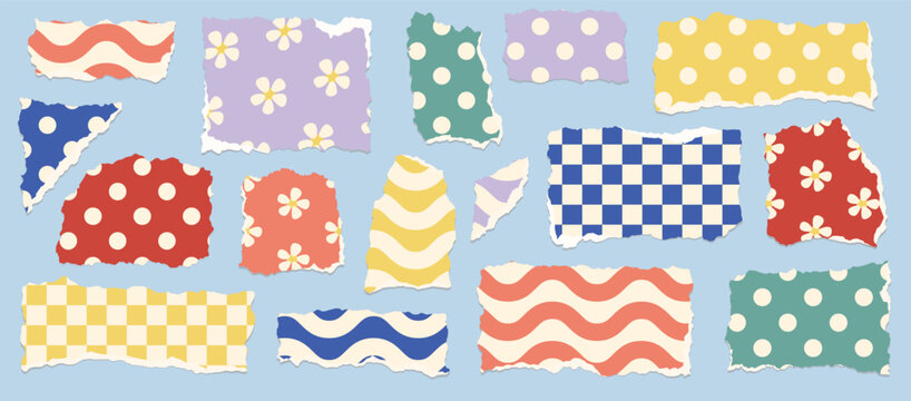 Colorful torn paper pieces feature stripes, checks, flowers, and polka dots. Ideal for scrapbook layouts, stationery, and social media graphics.