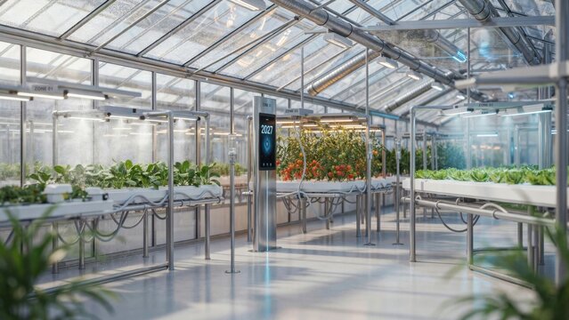 Modern indoor greenhouse with vertical farming rows