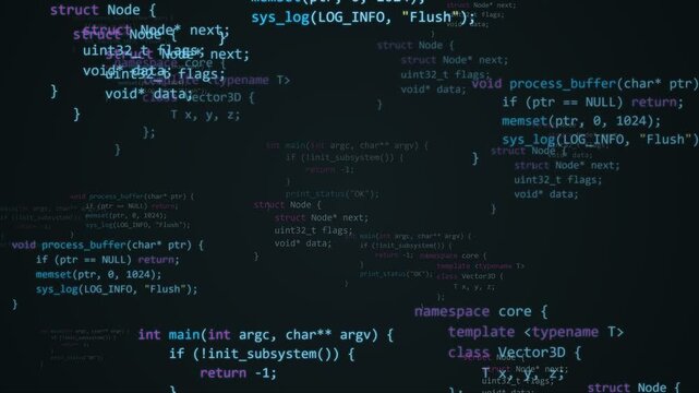 Programming code text scrolling on a dark screen, abstract software development background for technical projects syntax computer technology interface developer coding