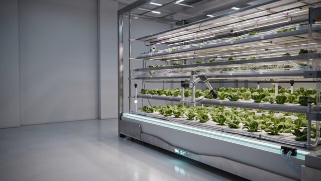 Green lettuce growing in a modern indoor vertical farm unit