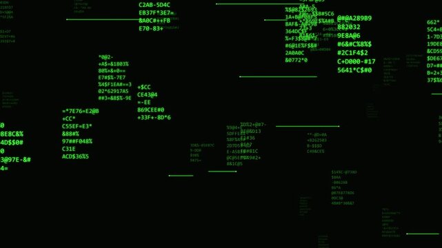 Green Matrix Style Code Streaming Downwards on a Dark Background with Horizontal Scanning Lines for programming and binary Projects data alphanumeric