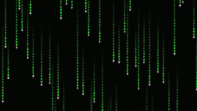 Green Matrix-style falling code animation with cascading alphanumeric characters on a black background for matrix and programming Projects data binary hexadecimal