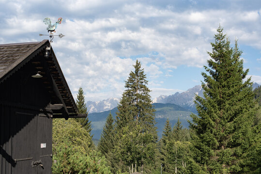 Vintage metal weather vane rooster on wooden rooftop with Alps mountains background