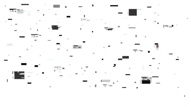 Abstract Digital Glitch Pattern with Minimalist Geometric Rectangles and Pixel Noise Scattered on a Clean White Background