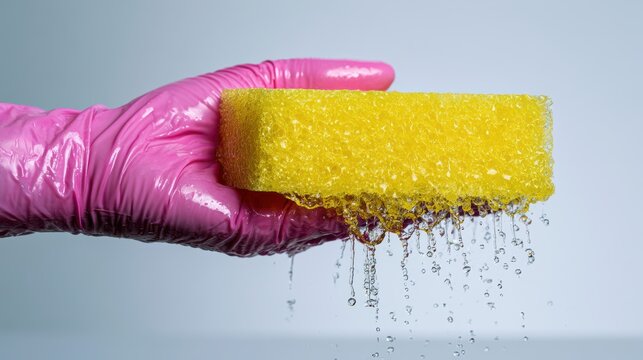 A gloved hand holds a saturated yellow cleaning sponge with dripping water