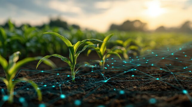 Young corn plants grow in a field with a digital network overlay