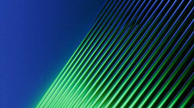 Abstract futuristic 3D glowing neon green and blue diagonal parallel lines texture background for modern digital technology cyberspace banner graphic design wallpaper