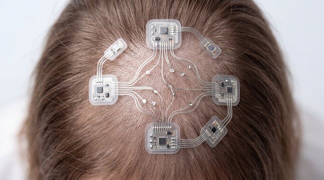 Human brain computer interface sensors and microchips attached to a scalp for neural data monitoring, representing advanced biotechnology, cybernetics, and future medical research concepts.