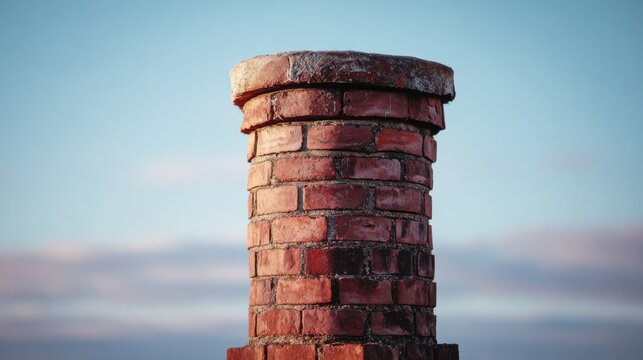 A weathered red brick chimney rises against a pale blue sky