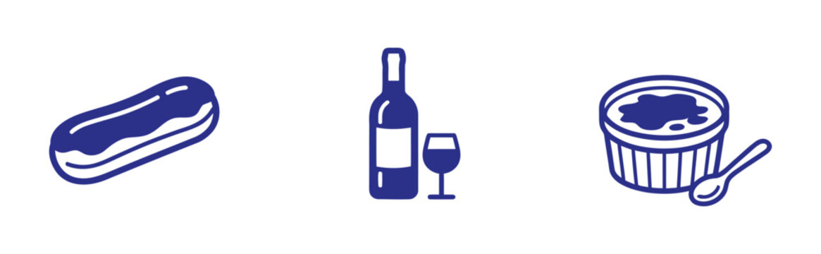 Food and drink icons: eclair, wine bottle, and dessert with spoon
