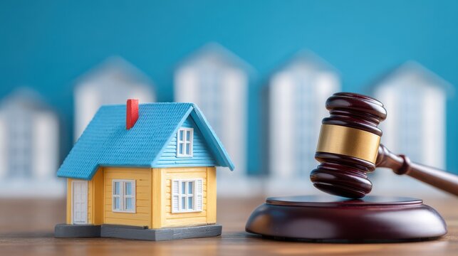 Toy house and gavel rest on a wooden surface suggesting legal proceedings