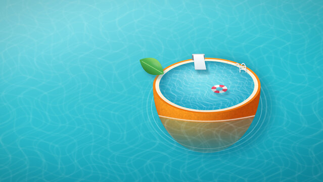 Surreal half orange swimming pool floating on turquoise water