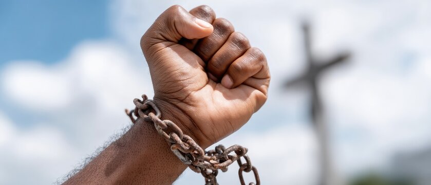 Hands breaking chains with cross in the background, signifying freedom and hope for the broken-hearted under a bright sky filled with clouds