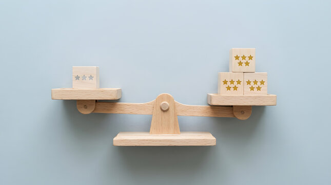 Wooden balance scale with wooden blocks featuring star rating symbols, representing customer satisfaction, service quality comparison, and business evaluation on a clean light blue background.