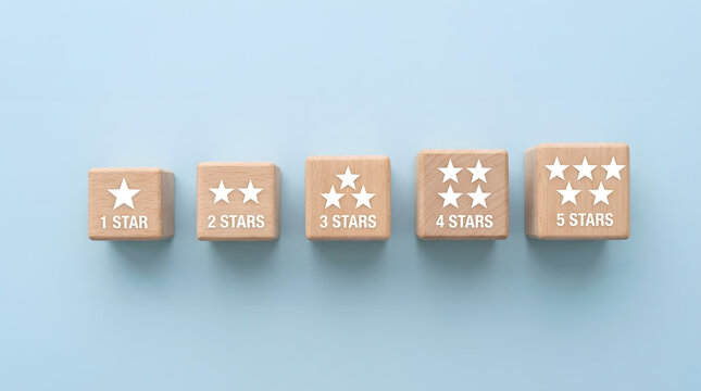 Wooden blocks arranged in ascending order displaying one to five white star ratings and text on a pastel blue background, concept of customer satisfaction, quality feedback, service evaluation and