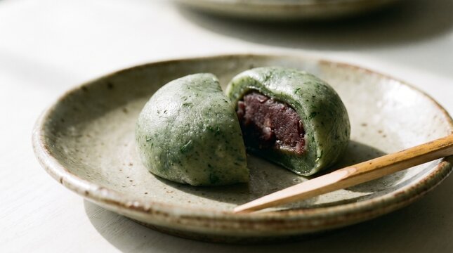 Yomogi mochi cut in half showing sweet red bean paste filling