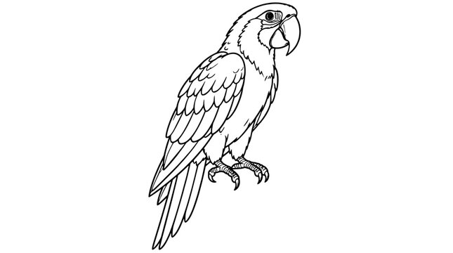 Large tropical macaw parrot perched with folded wings and elongated tail feathers, rendered as a clean wildlife black outline vector icon for zoo exhibits and ornithology guide emblems