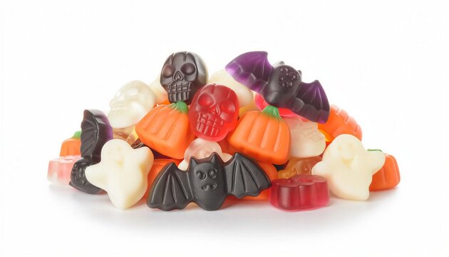 Halloween candy assortment with pumpkins and skulls