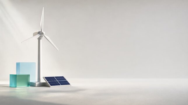 Minimalist Green Energy Concept Featuring Wind Turbine and Solar Panel Models in Corporate Style
