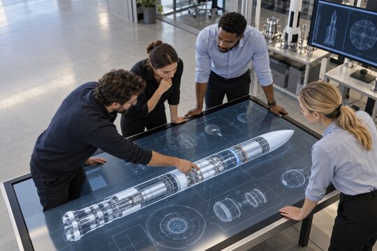 Aerospace Engineering Team Reviewing Rocket Design on Large Digital Table