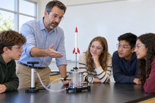Science Teacher Demonstrating Rocket Propulsion Experiment to Students