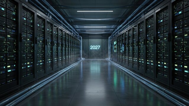 Modern server room with 2027 year sign on wall