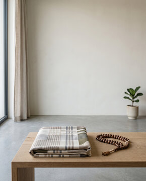 Folded prayer mat and wooden prayer beads on a table