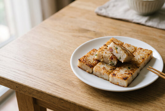 Pan fried turnip cake slices on a white plate