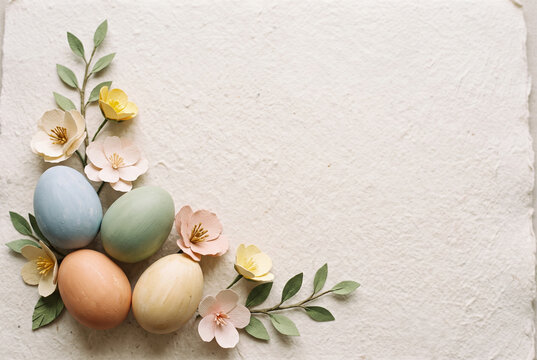 Pastel Easter eggs with paper flowers and leaves