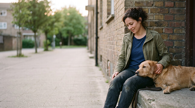 Woman resting with her dog on an outdoor step