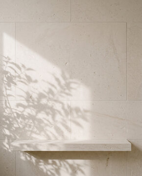 Empty stone shelf on a light wall with leaf shadows