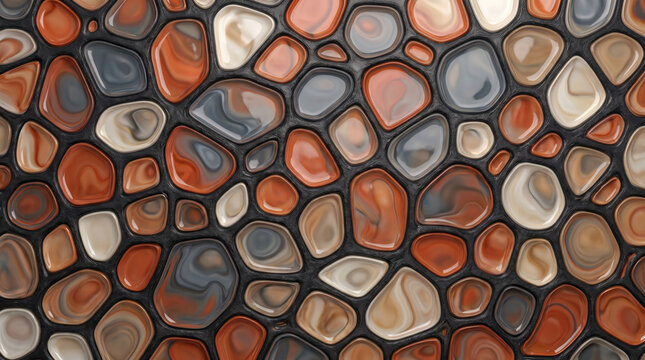 Abstract biomorphic organic cell pattern with glossy stone shapes in dark grid