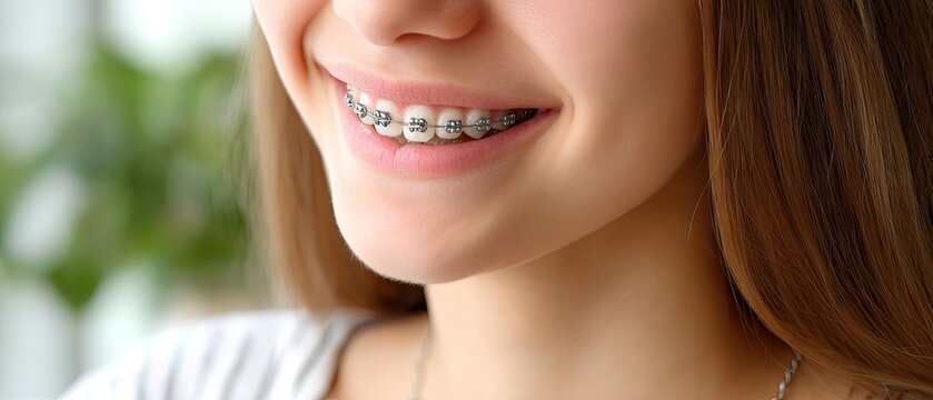 Close-up view of a mouth with braces showcasing dental work on a bright background, ideal for orthodontic or dental health themes in website design