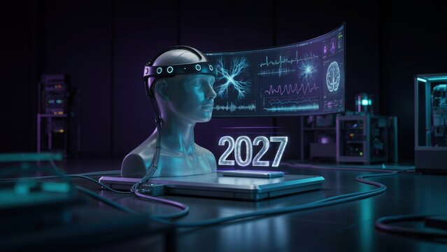 Human head with brain computer interface technology in 2027