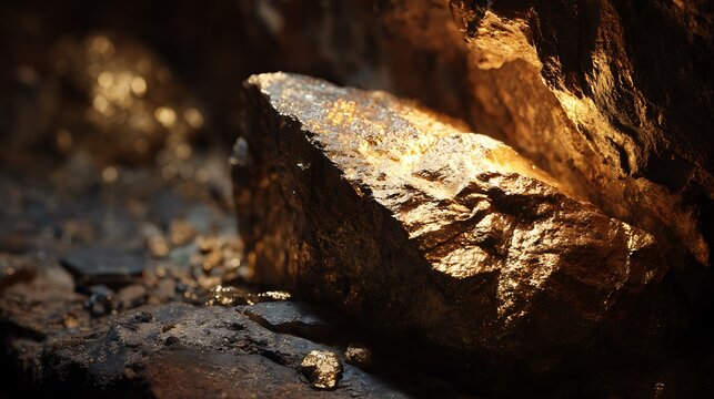 Raw gold ore nugget with glittering veins a symbol of wealth and fortune found in a dark mine representing natural resources and investment