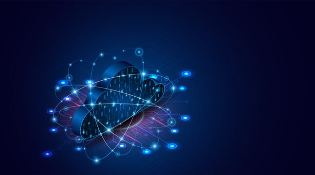 The concept of cloud computing and future data center technology. Digital storage servers on blue circuit boards. High-speed server connectivity for big data processing.