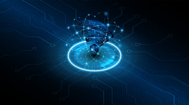 Futuristic 3D Wi-Fi icon on dark blue circuit background. High-speed internet connection and digital networking technology concept.
