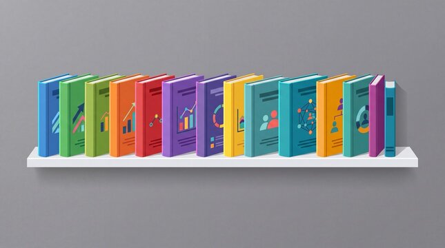 Row of Colorful Business Books on a Shelf Featuring Various Data Charts, Financial Graphs, and Corporate Infographics Representing Knowledge, Professional Development, and Market Analysis.