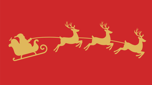Golden silhouette of santa claus in a sleigh being pulled by three reindeer flying across a solid red background for christmas holiday design