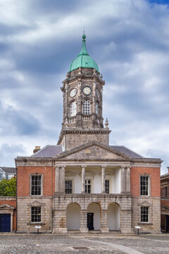 Bedford Tower in Dublin Castle Ireland. Historic neoclassical clock tower architecture viewed from the inner courtyard