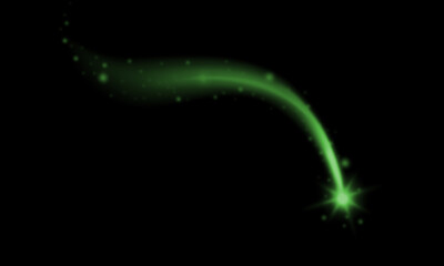 Abstract green light trail with glowing particles isolated on a black background for motion graphics design © jharna