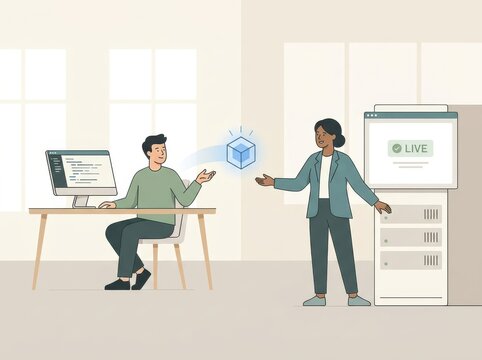 Software developer and system administrator interacting with a digital cube icon in a minimalist office environment for it deployment concept