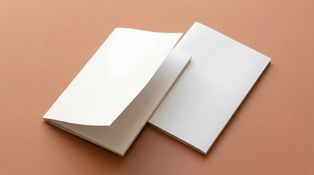 Two blank white booklets lying on a terracotta background