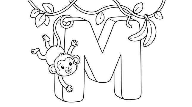 Cute cartoon monkey climbing on a large 3D letter M with hanging bananas and jungle vines in a black and white coloring page for kids.