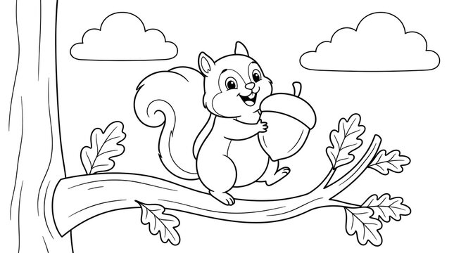 Cute cartoon squirrel holding an acorn while sitting on a tree branch, black and white coloring book page for children.
